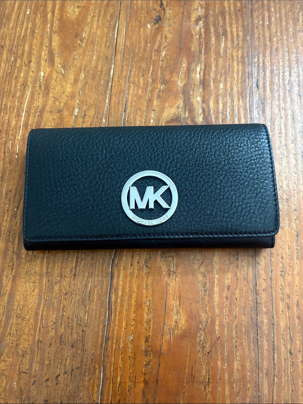 Michael Kors Black Pebbled Leather Continental Wallet with Silver MK Logo
